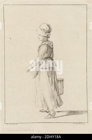 A Maid, imprimé par James Bretherton, ca. 1730–1806, British, d'après Henry William Bunbury, 1750–1811, British, 1774, Etching sur papier blanc légèrement épais, rugueux, bleuté, feuille: 10 15/16 x 7 1/8 pouces (27.8 x 18.1 cm), plaque: 9 3/4 x 6 3/4 pouces (24.8 x 17.2 cm), et image: 8 13/16 x 6 1/4 pouces (22.4 x 15.8 cm), tablier, panier, chapeau (chapeau), robe, étude de figure, sujet de genre, femme de ménage, chapeau de foule, profil (figure), ombre, marche, femme Banque D'Images