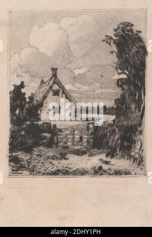 Cottage dans un champ de maïs, imprimé par David Lucas, 1802–1881, Britannique, d'après John Constable, 1776–1837, Britannique, 1844, Mezzotint et gravure sur du papier vélin crème modérément épais, légèrement texturé, avec du colé de chine crème, feuille: 9 1/2 x 8 pouces (24.1 x 20.3 cm), plaque: 3 1/2 x 2 1/2 pouces (8.9 x 6.4 cm), feuille: 3 1/8 x 2 1/8 pouces (7.9 x 5.4 cm), et image: 2 1/4 x 1 7/8 pouces (5.7 x 4.8 cm), nuages, champs de maïs, chalet, porte, cheval (animal), paysage, arbres, mur, Angleterre, Europe, Royaume-Uni Banque D'Images