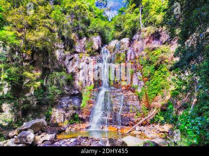 Cascade pittoresque baignée de soleil sur la rivière Minnamourra près du centre de la forêt tropicale de Minnamourra en Nouvelle-Galles du Sud, en Australie. Banque D'Images