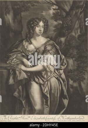 La très honorable Elizabeth, comtesse de Northumberland, imprimé par Alexander Browne, actif 1659–1706, britannique, d'après Sir Peter Lely, 1618–1680, néerlandais, actif en Angleterre (de 1643), publié par Alexander Browne, actif 1659–1706, britannique, entre 1681 et 1685, Mezzotint sur papier crème moyen, légèrement texturé, feuille : 13 7/16 x 9 7/8 pouces (34.1 x 25.1 cm) et image: 12 9/16 x 9 3/4 pouces (31.9 x 24.8 cm), boucle, costume, comtesse, boucles, robe, robe, noblesse, portrait, arbres, femme Banque D'Images