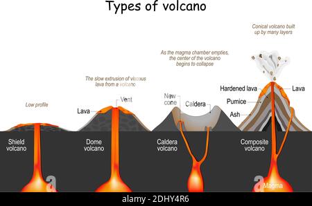 type de volcan (bouclier, dôme, composite et caldera). infographie. illustration vectorielle Illustration de Vecteur