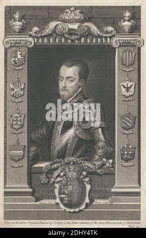 Philip II Roi d'Espagne, George Vertue, 1684–1756, Britannique, après Titien, 1488/90–1576, Italien, 1735, gravure sur moyen, légèrement texturé, blanc bleuté, papier cousu, monté sur, modérément épais, légèrement texturé, crème, papier vélin, support: 24 × 17 pouces (61 × 43.2 cm), feuille: 11 3/4 × 7 9/16 pouces (29.8 × 19.2 cm) et image : 11 × 7 pouces (27.9 × 17.8 cm) Banque D'Images