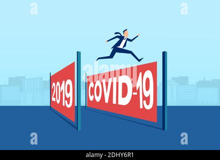Vecteur d'un homme d'affaires sautant au-dessus de l'année d'obstacle du coronavirus à un nouveau départ Illustration de Vecteur