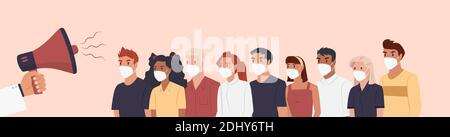 Vecteur d'un groupe de personnes portant des masques de visage à l'écoute à un médecin avec le mégaphone faire une annonce Illustration de Vecteur