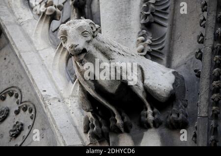 Illustration de Gargouille (Gargouille) à l'église et la cathédrale de Paris, France, le 03 avril 2016. Le terme gargouille est le plus souvent appliqué à l'œuvre médiévale, mais à tous les âges, certains moyens de diversion de l'eau, quand ils ne sont pas transportés dans les gouttières, ont été adoptés. Dans l'architecture égyptienne ancienne, les gargouilles montraient peu de variation, généralement sous la forme d'une tête de lion. Des jets d'eau semblables à l'embouchure du lion ont également été observés sur les temples grecs, sculptés ou modélisés dans le cymatium en marbre ou en terre cuite du cornice. Un excellent exemple de ceci sont les 39 becs d'eau à tête de lion restants sur le Temple de Z Banque D'Images