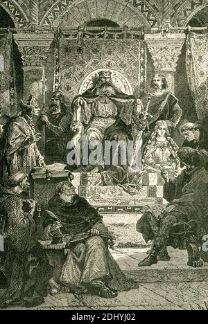 Charlemagne, ou Charles le Grand, était l'empereur de l'Ouest (800–814) et le roi des Francs (768–814). A.D. 800, il a restauré Léo III au siège papal et a été couronné empereur par Léo le jour de Noël. Ici, nous le voyons en conseil. Banque D'Images