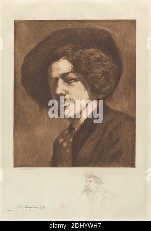 Portrait de Whistler, Henri Charles Guérard, 1846–1897, français, d'après James McNeill Whistler, 1834–1903, américain, actif en Grande-Bretagne (de 1859), 1888, Etching, point sec, aquatint et roulette, imprimé à l'encre brune sur papier moyen, légèrement texturé, crème, feuille: 17 3/8 x 12 5/16 pouces (44.1 x 31.3 cm), plaque: 13 x 8 13/16 pouces (33 x 22.4 cm), et image : 8 3/4 x 7 3/16 pouces (22.3 x 18.3 cm), artiste, collier, chapeau, homme, portrait, autoportrait Banque D'Images