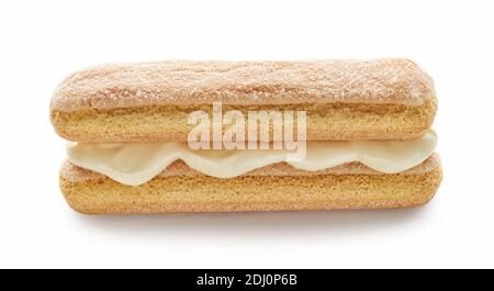 Biscuits Ladyfinger à la crème, processus de fabrication de tiramisu dessert isolé sur fond blanc Banque D'Images