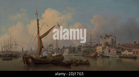 Une vue de la Tour de Londres, supposée à l'anniversaire de sa Majesté, Samuel Scott, 1701/2–1772, britannique, 1771, huile sur toile, support (PTG) : 39 3/4 x 193 cm (76 x 101 pouces), sujet architectural, architecture, barges (embarcations à fond plat), anniversaire, bâtiments, canons, château, célébrations, ville, paysage urbain, drapeaux à fard, navire à fard, fards, costume à fard Roi (personne), art marin, hommes, gens, rivière, navires, fumée, ville de Londres, Angleterre, Grand Londres, Londres, cathédrale Saint-Paul, Thames, Tour de Londres, Royaume-Uni Banque D'Images