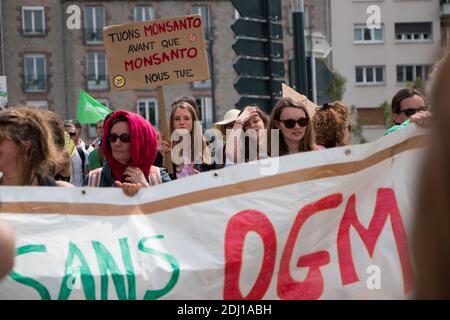 Cent manifestants se sont emmis dans les rues de Rennes, dans l'ouest de la France, le 21 mai 2016, pour la marche contre Monsanto, dans le cadre d'une manifestation contre la multinationale agrochimique. Les militants protestent contre les produits génétiquement modifiés (OGM) de Monsanto et contre le monopole présumé que Monsanto a sur le marché de l'approvisionnement alimentaire. Photo du Vicent Feuray/ABACAPRESS.COM Banque D'Images