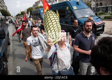 Cent manifestants se sont emmis dans les rues de Rennes, dans l'ouest de la France, le 21 mai 2016, pour la marche contre Monsanto, dans le cadre d'une manifestation contre la multinationale agrochimique. Les militants protestent contre les produits génétiquement modifiés (OGM) de Monsanto et contre le monopole présumé que Monsanto a sur le marché de l'approvisionnement alimentaire. Photo du Vicent Feuray/ABACAPRESS.COM Banque D'Images