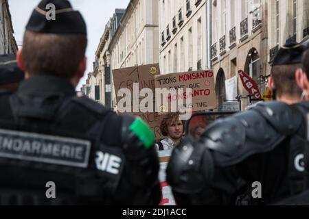 Cent manifestants se sont emmis dans les rues de Rennes, dans l'ouest de la France, le 21 mai 2016, pour la marche contre Monsanto, dans le cadre d'une manifestation contre la multinationale agrochimique. Les militants protestent contre les produits génétiquement modifiés (OGM) de Monsanto et contre le monopole présumé que Monsanto a sur le marché de l'approvisionnement alimentaire. Photo du Vicent Feuray/ABACAPRESS.COM Banque D'Images