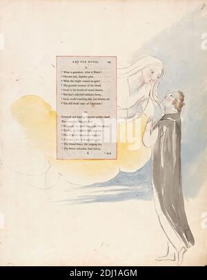 The Poems of Thomas Gray, Design 99, « Ode for Music », William Blake, 1757–1827, British, entre 1797 et 1798, aquarelle avec stylo et encre noire et graphite sur papier vélin légèrement épais et légèrement texturé crème avec page de typographie incrustée, feuille : 16 1/2 x 12 3/4 pouces (41.9 x 32.4 cm), ange, cape, nuages, laurier, feuille, thème littéraire, homme, sujet religieux et mythologique, ciel, texte, femme Banque D'Images