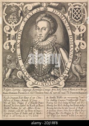 John Harington, deuxième baron Harington d'Exton, Renold Elstrack, 1570–1625(?), British, publié par Henry Balaam, active 1612–1616, British, entre 1610 et 1614, gravure en ligne sur papier blanc moyen, légèrement texturé, beige, feuille: 8 3/8 x 6 5/16 pouces (21.2 x 16 cm), plaque: 7 13/16 x 5 11/16 pouces (19.8 x 14.5 cm), et image : 5 5/8 x 5 9/16 pouces (14.3 x 14.1 cm), cape, cartouche, blason, costume, cimier, doublet, broderie, fourrure, lion, homme, noblesse, ovale, portrait, coq, ruff, bouclier Banque D'Images