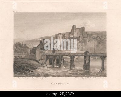 Chepstow, imprimé réalisé par James S. Storer, 1771–1853, British, d'après Joseph Mallord William Turner, 1775–1851, British, 1794, gravure en ligne sur papier à colombe crème, légèrement texturé, feuille: 8 7/8 × 11 pouces (22.5 × 27.9 cm), plaque: 6 × 8 pouces (15.2 × 20.3 cm), et image: 4 3/8 × 6 3/8 pouces (11.1 × 16.2 cm), pont, chariot, château, cheminée, ville, falaise, nuages, vue lointaine, colline, cheval, paysage, homme, rivière, berge, rocher, barque, ruines, voilier, fumée, wagon, eau, Chepstow, Pont Chepstow, Château de Chepstow, Monbucshire, Royaume-Uni, pays de Galles, Wye Banque D'Images