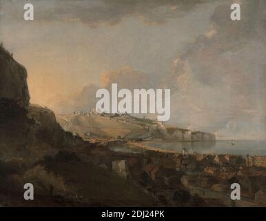 Dover, Richard Wilson RA, 1714–1782, britannique, active en Italie (1750–56), entre 1746 et 1747, huile sur toile, support (PTG) : 17 x 21 1/2 pouces (43.2 x 54.6 cm), plage, bateaux, bâtiments, ville, paysage urbain, falaises, nuages, forteresse, maisons, paysage, océans, mer, rivage (forme terrestre), ville, Douvres, château de Douvres, Douvres, détroit de, Angleterre, Manche, Kent, Royaume-Uni Banque D'Images