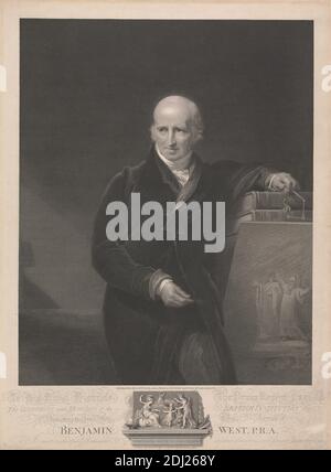 Benjamin West, P.R.A., James Fittler, 1758–1835, British, d'après George Henry Harlow, 1787–1819, British, publié par James Fittler, 1758–1835, British, 1817, gravure en ligne, gravure et gravure en pointillé sur du papier légèrement épais, légèrement texturé, beige avec du colé de chine crème, feuille: 20 7/8 x 15 3/8 pouces (53 x 39.1 cm), feuille: 20 1/2 x 14 15/16 pouces (52 x 38 cm), et image: 16 3/4 x 12 3/4 pouces (42.6 x 32.4 cm), artiste, arts, bald, livres, cravat, poignets, dédicace (document), lunettes, illustration, mythologie, peintre, peinture (travail visuel), portrait, président, soulagement, robe Banque D'Images