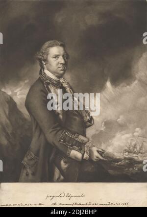 Admiral George Edgcumbe, premier comte de Mount Edgcumbe, Edward Fisher, 1722–1785, British, d'après Sir Joshua Reynolds RA, 1723–1792, British, 1760, Mezzotint sur du papier beige légèrement épais, légèrement texturé, feuille: 15 3/16 × 10 7/8 pouces (38.6 × 27.6 cm) et image: 13 1/4 × 10 13/16 pouces (33.6 × 27.5 cm), amiral, nuages, côte, manteau, cravat, poignets, broderie, gestuelle, dentelle, art marin, météorologie, uniforme militaire, marine, océan, pointage, portrait, pose, ruban, rochers (formes terrestres), voiles, science, navire, tempête, vagues (événements naturels) Banque D'Images