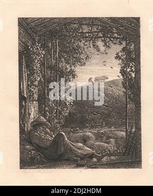 The Sleeping Shepherd, imprimé par Samuel Palmer, 1805–1881, britannique, active en Italie (1837–39), 1857, Etching et point sec sur papier crème moyen, légèrement texturé, feuille: 8 5/16 x 7 pouces (21.1 x 17.8 cm), plaque: 4 15/16 x 4 1/16 pouces (12.5 x 10.3 cm), et image: 3 3/4 x 3 1/16 pouces (9.6 x 7.7 cm), art animal, grange, oiseaux, livre, bétail, tissu, vaches, agriculture, champs, genre sujet, chapeau, foin, travail, échelle, paysage, feuilles, lumière, oxen, charrue, mouton, abri, berger, dormir, personnel, paille, arbres, trellis, vigne Banque D'Images