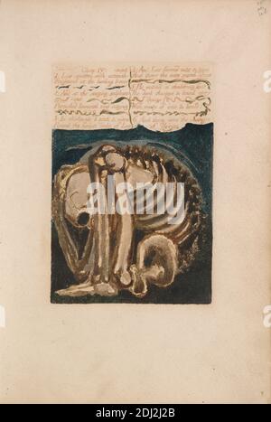 Le premier Livre d'Urizen, planche 12, « Los smitten with étonnement... » (Bentley 8), imprimé par William Blake, 1757–1827, British, 1794, gravure de relief imprimée en couleur brun-orange avec aquarelle sur du papier de vélin crème modérément épais, légèrement texturé, feuille: 10 x 7 1/8 pouces (25.4 x 18.1 cm), plaque: 6 x 4 pouces (15.2 x 10.2 cm), et dos: 10 1/4 pouces (26 cm), os (matériel), morts, morts, agenouillement, thème littéraire, sujet religieux et mythologique, squelette, texte Banque D'Images