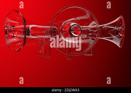 haut-parleur de groupe transparent sur fond monochrome rouge. illustration 3d d'un mégaphone. Symbole publicitaire, concept de promotion. Banque D'Images