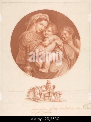 La Vierge, imprimé par Francesco Bartolozzi RA, 1728–1815, italien, actif en Grande-Bretagne (1764–99), d'après Raphaël, italien, 1483–1520, italien, 1778, gravure et gravure en pointillé sur papier crème modérément épais et modérément texturé posé sur support moderne, support: 15 1/4 x 11 1/16 pouces (38.7 x 28.1 cm), feuille: 12 11/16 x 9 13/16 pouces (32.3 x 24.9 cm), assiette: 10 5/8 x 9 3/16 pouces (27 x 23.4 cm), et image: 7 9/16 x 7 9/16 pouces (19.2 x 19.2 cm), adoration du Christ-enfant par Marie; Jean-Baptiste présent, hache, livres, chaise, enfants, cercle (figure d'avion), griffes, costume, croix ( Banque D'Images