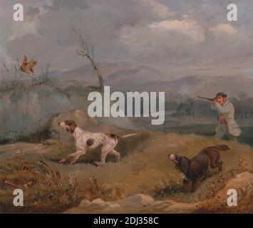 Grouse Shooting, Henry Thomas Alken, 1785–1851, British, ca. 1825, huile sur toile, support (PTG): 9 x 11 pouces (22.9 x 27.9 cm), oiseaux, chiens (animaux), tétras, chasseur, montagnes, fusil, fusil, fusil, art sportif, sportifs Banque D'Images