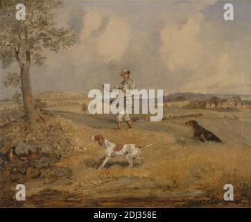 Partridge Shooting, Henry Thomas Alken, 1785–1851, britannique, env. 1825, huile sur panneau, support (PTG): 9 x 11 pouces (22.9 x 27.9 cm), chiens (animaux), geste, hounds (chiens), chasse, chasseur, fusil de chasse, homme, perdrix, plantes, fusil (artillerie), art sportif, village Banque D'Images