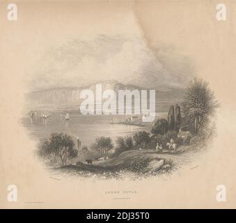 Lough Foyle, Londonerry, John J. Hinchliff, 1805–1875, britannique, d'après Henry Gastineau, 1791–1876, britannique, publié par Alfred Adlard, actif 1828–1836, britannique, non daté, Etching sur papier à colombe beige légèrement texturé, feuille: 6 7/16 x 7 3/8 pouces (16.4 x 18.8 cm) et image: 4 5/8 x 6 1/8 pouces (11.8 x 15.5 cm), bâtiments, bétail, champ, genre sujet, chevaux (animaux), lac, paysage, montagnes, chemin, voiles, mer, navires, fumée, cheminées, Derry City, Europe, Foyle, Lough, Londonderry, Irlande du Nord, Royaume-Uni Banque D'Images