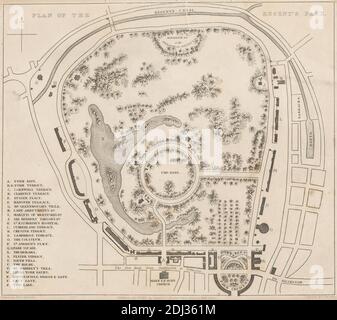 Plan of the Regent's Park, imprimé par John Cleghorn, active 1840–1881, British, After Thomas Hosmer Shepherd, 1792–1864, British, imprimé par Jones & Co., active 1822–1850, British, 1827, Etching sur papier légèrement épais, légèrement texturé, beige, feuille: 8 11/16 x 11 1/4 pouces (22.1 x 28.6 cm) et image: 8 x 9 1/16 pouces (20.3 x 23 cm), sujet architectural, bâtiments, église, églises, cercle, clé, carte, parc (terrain), plan (dessin), plantes, étang, anneau, routes, zoo, ville de Westminster, Angleterre, Grand Londres, Marylebone, église paroissiale St Marylebone, le parc Regent's, United Banque D'Images