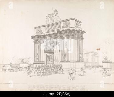 Vue d'une arche triomphale proposée pour être érigée à Hyde Park Corner, Thomas Baxter, 1782–1821, British, et John Augustus Atkinson, 1775–1831, British, d'après William Kinnard, 1788–1839, 1813, Etching sur papier vélin, feuille: 21 1/4 x 26 3/8in. (54 x 67cm Banque D'Images