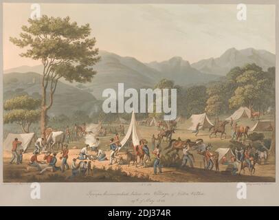 No 10 troupe bivoichée sous le village de la villa Velha, 19 mai 1811, Charles Turner, 1774–1857, Britannique, après T. St. clair, actif 1810–1815, 1811, Aquatint, coloré, armée, Castelo Branco, Distrito de, Portugal, Vila Velha de Rodão Banque D'Images