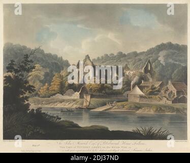 Vue de l'abbaye de Tintern sur la rivière Wye, Francis Jukes, 1747–1812, britannique, après Edward Dayes, 1763–1804, britannique, 1799, aquatint coloré, feuille : 12 5/8 x 17 1/8in. (32.1 x 43,5 cm), abbaye, sujet architectural, canoë, quai, clôture, collines, rivière, voilier, arbres Banque D'Images