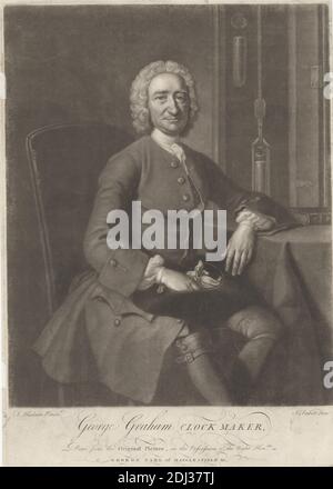 George Graham, Clockmaker, John Faber le plus jeune, ca. 1695–1756, Netherlandish, actif en Grande-Bretagne, après Thomas Hudson, 1701–1779, British, non daté, Mezzotint sur du papier crème modérément épais, modérément texturé, collé sur du papier asiatique gris-bleu modérément épais, modérément texturé, feuille: 14 1/4 x 10 3/16 pouces (36.2 x 25.8 cm), plaque: 13 15/16 x 9 7/8 pouces (35.4 x 25.1 cm), et image: 12 1/8 x 9 13/16 pouces (30.8 x 24.9 cm), livre, culottes (pantalons), chaise, horloge, horloger, cravat, manteau de grenouille, gants, chapeau, homme, pendule, portrait, sourire, table, perruque Banque D'Images