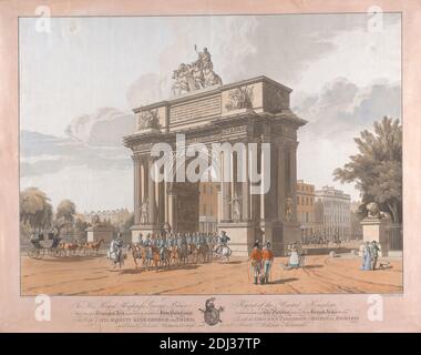 Vue d'un Arche de Triumphal a proposé d'être érigé à Hyde Park Corner Commenorative de la victoire ...King George III, Robert Havell, 1769–1832, British, Daniel Havell, 1785–1826, British, d'après William Kinnard, 1788–1839, d'après John Augustus Atkinson, 1775–1831, British, 1813, gravure et aquatint de couleur main, feuille : 8x 29 3/23 1/4. (59.1 x 74,6 cm Banque D'Images