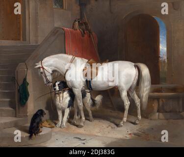 Favorites, la propriété de S.A.R. Prince George de Cambridge, Sir Edwin Henry Landseer, 1802–1873, British, 1834 à 1835, huile sur toile, support (PTG) : 40 x 49 1/2 pouces (101.6 x 125.7 cm), animaux, oiseaux, chien (animal), porte, plume, faucon, cheval (animal), chasse, intérieur, propriété, réins, selle, art sportif, escaliers, fouet, Cambridge, Cambridgeshire, Angleterre, Europe, Royaume-Uni, Château de Windsor Banque D'Images