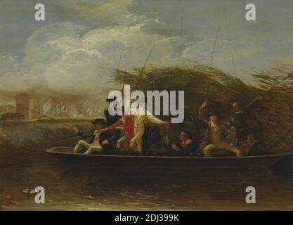 Messieurs Fishing, Benjamin West, 1738–1820, américain, actif en Grande-Bretagne (à partir de 1763), 1794, huile sur ardoise, support (PTG): 12 1/8 x 17 pouces (30.8 x 43.2 cm), bateau, pêche, ligne de pêche, genre sujet, hommes, loisirs, rivière, eau, vent Banque D'Images