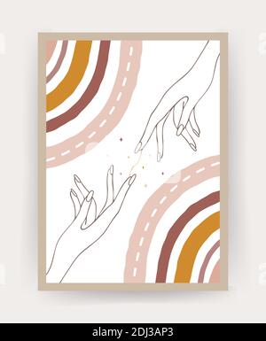 Affiche avec arc-en-ciel abstrait et mains. Design contemporain pour le papier peint et la décoration de la maison. Arrière-plan moderne et minimaliste. Illustration de Vecteur