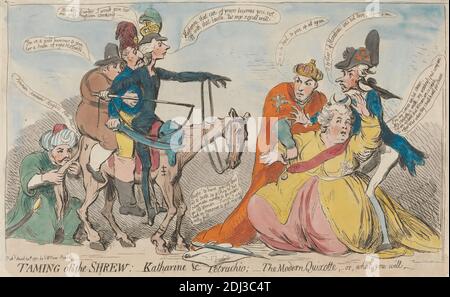 Alésage de la vis de cisaillement. Katharine et Petruchio - le Quichotte moderne, Or, ce que vous allez, imprimé par James Gillray, 1757–1815, British, d'après Mme S Berwin, 1791, Etching avec coloration sur papier moyen, légèrement texturé, crème, montage: 9 x 15 3/4 pouces (22.9 x 40 cm), feuille: 9 7/8 x 40.6 cm (16 x 25.1 pouces) et plaque : 9 3/4 x 15 3/4 pouces (24.8 x 40 cm), armure, perruque de sac, bottes, culottes, bride, caftan, manteau, manteaux, couronne (élément de costume), chapeaux, casque, cheval (animal), thème littéraire, hommes, jeu, panaches, selle, ceinture, chaussures, étriers, bas, épées, le Taming of the Shrew, jouer Banque D'Images