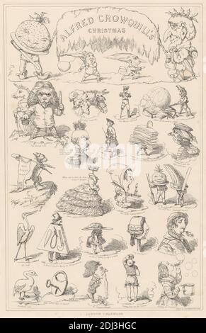 Alfred Crowquill's Christmas, imprimé par Alfred Henry Forrester, 1804–1872, British, d'après Alfred Henry Forrester, 1804–1872, British, imprimé par Standidge & Co, active 1836–1849, British, publié par J & F Harwood, 1820s–1844, British, non daté, Lithographie sur papier doux beige moyennement épais, feuille : 17 13/16 x 13 pouces (45.3 x 33 cm) et image: 14 1/8 x 9 1/8 pouces (35.9 x 23.1 cm), animaux, balais, caricature, chasse, Noël, couronnes, tasses, fleurs (plantes), fourchettes, genre sujet, gesturant, chapeaux, illustrations, rire, hommes, papier, jouer, poser, satire, signes, jupes Banque D'Images
