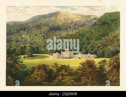 Taymouth Castle, Perthshire, Écosse. Château de style gothique-renaissance avec escalier conçu par Francis Bernasconi construit au début du XIXe siècle pour John Campbell, 1er marquis de Breadalbane. Bloc de bois coloré par Benjamin Fawcett dans le processus Baxter d’une illustration par Alexander Francis Lydon du révérend Francis Orpen Morris, vues pittoresques des sièges de nobles et de messieurs de Grande-Bretagne et d’Irlande, William Mackenzie, Londres, 1880. Banque D'Images