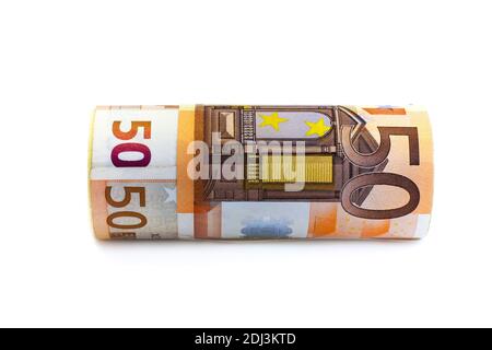 Les coupures monétaires bénéficient de 50 euros, sur fond blanc Banque D'Images