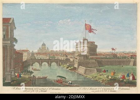 Le Pont Aélien et le Château de Saint-Ange, avec une partie de la ville de Rome, Carington Bowles, 1724–1793, Britannique, après artiste inconnu, non daté, gravure de couleur main sur papier vélin, feuille: 60 1/2in. 153,7 cm, ponts arcades, bateaux, pont (travaux de construction), château, paysage urbain, drapeaux, mausolée, rivière, Castel Sant'Angelo, Europe, Italie, Latium, Rome, Tibre Banque D'Images