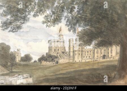 Vue sur le château de Windsor - porte du roi George IV et tour ronde, 28 juillet 1832, 11:30, Dr William Crotch, 1775–1847, 1832, Graphite et aquarelle sur papier couchée, blanc bleuté, moyen, lisse, support: 10 3/8 × 12 3/8 pouces (26.4 × 31.4 cm), bordure dessinée contemporaine: 6 1/8 × 8 5/8 pouces (15.6 × 21.9 cm), et feuille : 5 5/16 × 7 15/16 pouces (13.5 × 20.2 cm), sujet architectural Banque D'Images