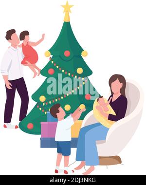 Famille près de l'arbre de Noël à la maison couleur vectorielle sans visage caractères Illustration de Vecteur