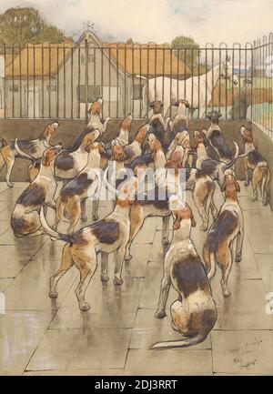 Les Hounds commencèrent soudainement à Howl dans Chorus', Cecil Charles Windsor Aldin, 1870–1935, British, non daté, aquarelle, stylo et encre noire, graphite, et gouache sur papier moyen, légèrement texturé, beige, vélin, feuille: 11 7/16 × 8 1/2 pouces (29.1 × 21.6 cm) et image: 10 13/16 × 7 7/8 pouces (27.5 × 20 cm), art des animaux Banque D'Images