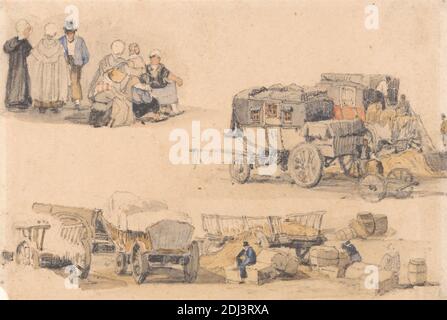 Études de paysans, diligences, et Hay wagons, Samuel Prout, 1783–1852, British, non daté, Graphite et aquarelle sur modérément épais, légèrement texturé, beige, papier vélin, feuille : 4 1/8 × 5 7/8 pouces (10.4 × 14.9 cm), balles, tonneaux, bonnets, chariots, charrettes, capes, revêtements, caisses, étude de figure, genre sujet, foin, wagons de foin, hommes, paysans, stagecoaches, encore vie, top chapeaux, voyage, wagons, roues, femmes Banque D'Images