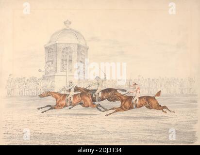 The St. Leger, Doncaster: The Finish, Henry Thomas Alken, 1785–1851, British, non daté, Graphite et aquarelle sur moyen, légèrement texturé, crème, papier vélin, feuille: 12 1/4 × 16 7/8 pouces (31.1 × 42.9 cm), bâtiment, foule, courses de chevaux, cavaliers, équitation, chevaux (animaux), jockeys, hommes, course (événement), spectateurs, art sportif, whip, Doncaster, Doncaster, Angleterre, Europe, Royaume-Uni, Yorkshire Banque D'Images