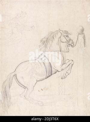 Le Piaffe (I): Entraînement au pilier, Bridle et Surcingle à cheval..., James Seymour, 1702–1752, Britannique, non daté, Graphite sur moyen, légèrement texturé, blanc bleuté, papier coulé, feuille: 10 3/8 × 8 1/8 pouces (26.4 × 20.6 cm), art animal, art sportif Banque D'Images