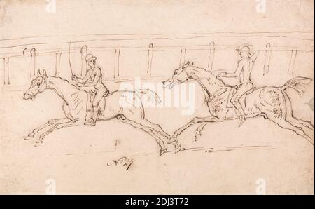 Two Horses Racing, jockeys Up: Balustrades en arrière-plan, James Seymour, 1702–1752, British, non daté, Pen, en encre brune, et graphite sur papier moyennement texturé, beige, paré, feuille: 8 × 12 13/16 pouces (20.3 × 32.5 cm), étude de figure, galoping, courses de chevaux, chevaux (animaux), jockeys, hommes, course (événement), piste de course, chemins de fer, art sportif, fouets (équipement pour animaux) Banque D'Images